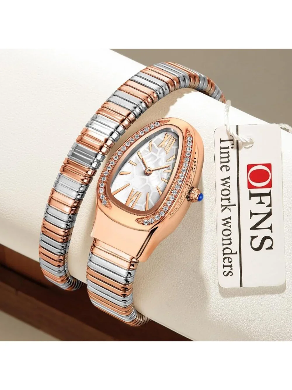 Women's Rose Silver White Elegant Wrap Around Bangle Fashion Snake Cuff Watches
